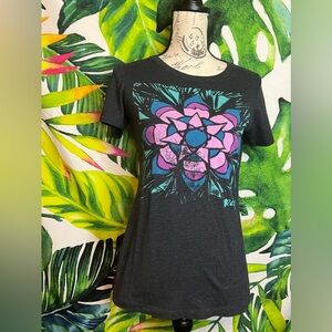 Roxy Jrs Medium Blue Grey Pink Floral Graphic Slim Skater Surfer Summer Tee